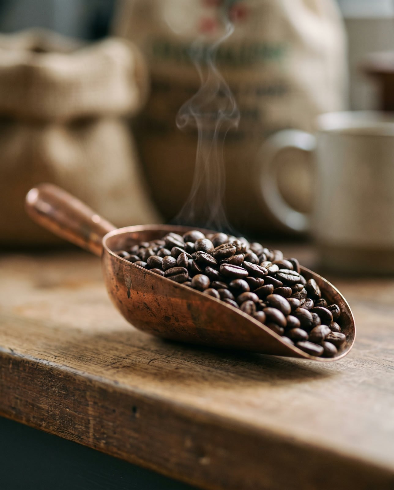 Glossy dark espresso beans heaped in a worn copper scoop with steam rising